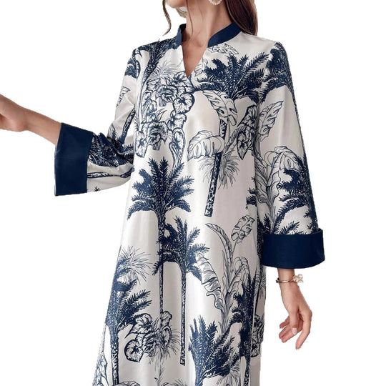 Damen Maxikleid in Satinoptik mit Palmenprint, Stehkragen und weitem 3/4-Ärmel Shop Nory