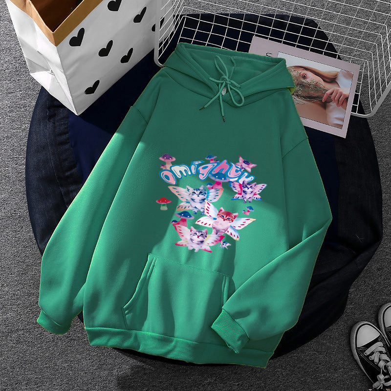 Damen nan Kapuzenpullover mit verspieltem Katzen‑Schmetterlings-Print und Kängurutasche Shop Nory