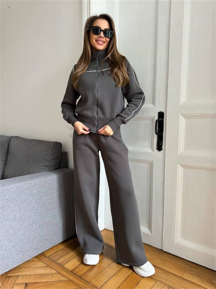 Damen Zweiteiliges Jogginganzug-Set mit Stehkragen, Kontrastpaspel und weitem Bein Shop Nory