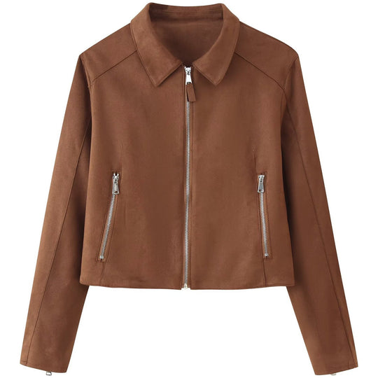 Damen Kurzgeschnittene Veloursoptik-Jacke mit zentralem Reißverschluss und Hemdkragen Shop Nory