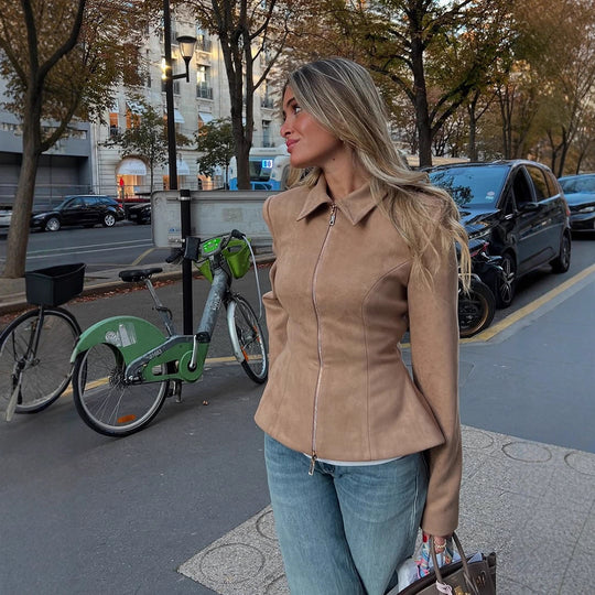 Damen Taillierte Velourslederoptik-Jacke mit Zweiwege-Reißverschluss Shop Nory