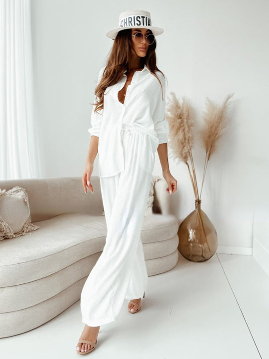 Damen Crinkle-Lounge-Set mit oversized Hemdbluse und weiten Palazzo-Hosen Shop Nory