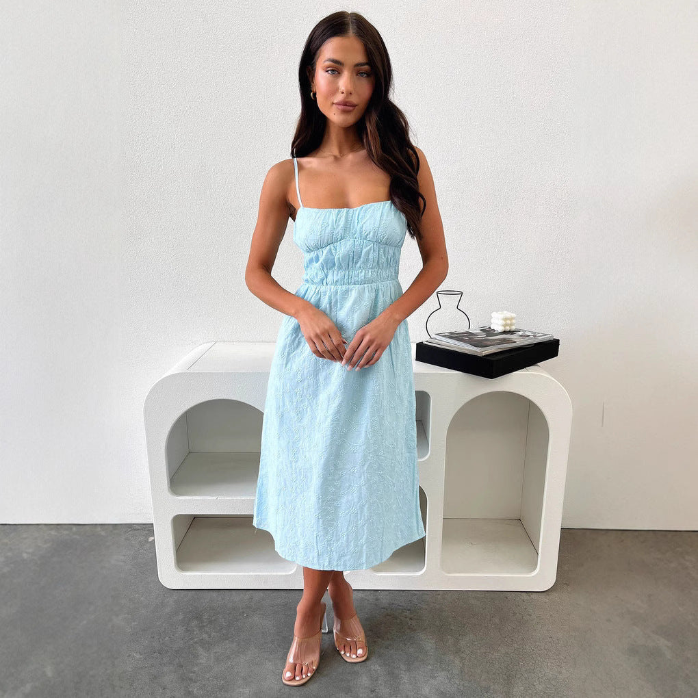 Damen Sommerliches Midi-Kleid mit verstellbaren Spaghettiträgern und Raffung Shopnory