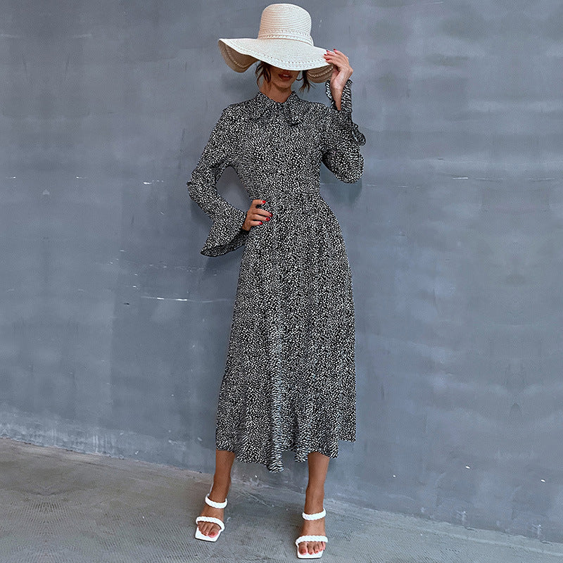 Damen Midikleid mit Stehkragen und Bindeschleife, Langarm A‑Linie mit feinem Pünktchenmuster Shop Nory