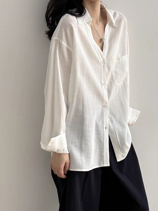 Damen Lässiges Leinenoptik-Longshirt mit Oversize-Schnitt und Brusttasche Shop Nory