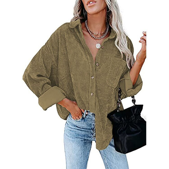 Damen Oversize Cordhemdjacke mit Brusttasche und durchgehender Knopfleiste Shop Nory