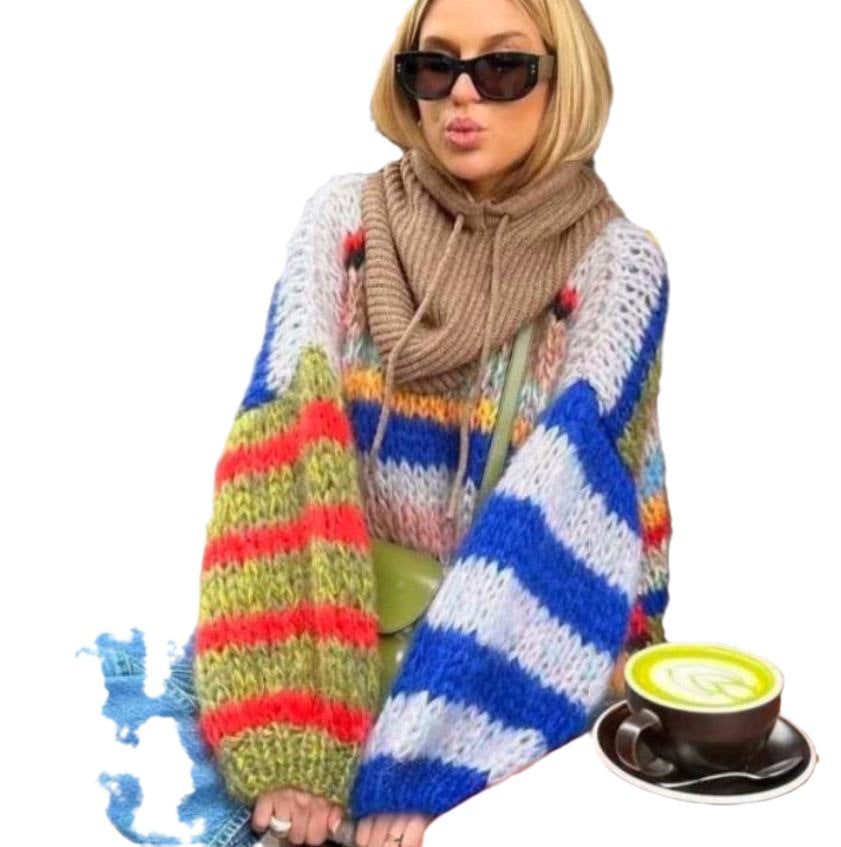 Damen Grobstrickpullover mit buntem Zopfmuster und weitem Schnitt