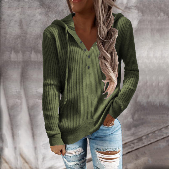 Damen Lässiger gerippter Hoodie-Pullover mit Henley-Knopfleiste und Tunnelzug Shop Nory