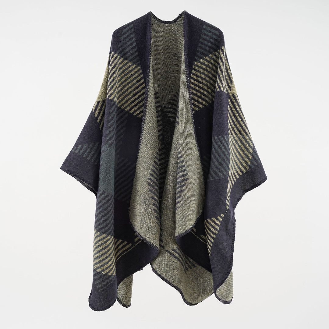 Damen Umhangponcho aus Wollmix mit geometrischem Streifen-Jacquard und offener Kantennaht Shop Nory