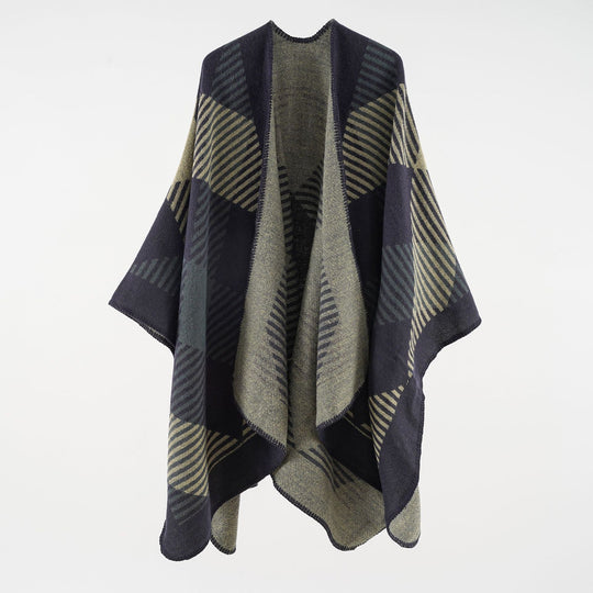 Damen Umhangponcho aus Wollmix mit geometrischem Streifen-Jacquard und offener Kantennaht Shop Nory