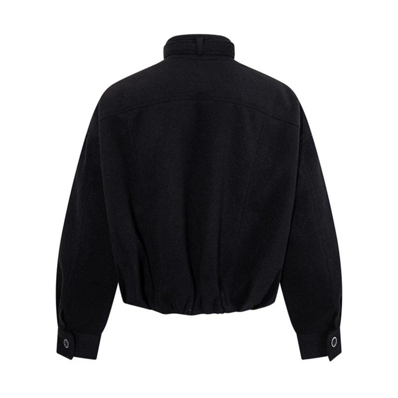 Damen kurze Woll-Bomberjacke mit hohem Stehkragen, Taillengürtel und verdeckter Reißverschluss Shop Nory