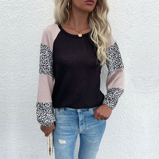 Damen Lässiges Waffelstrick-Shirt mit Raglanärmeln, Colorblock und Leo‑Einsätzen Shop Nory