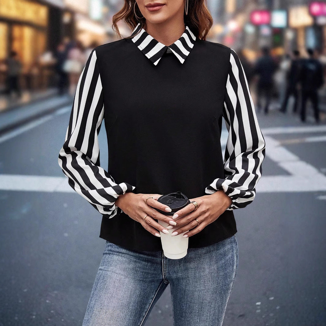 Damen Blusenoberteil mit kontrastierendem Hemdkragen und gestreiften Chiffonärmeln Shop Nory