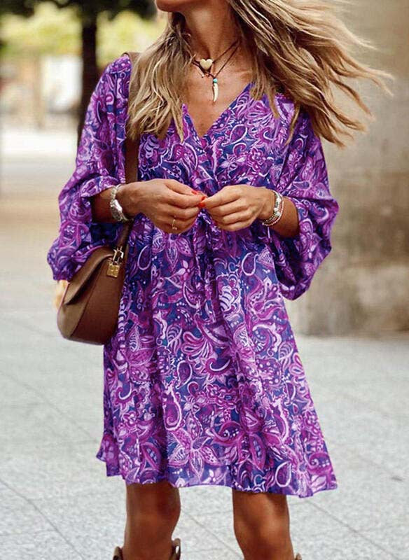 Frauen Boho Mini Kleid mit Paisley-Druck, V-Ausschnitt, gebundenem Gürtel und Ballonärmeln Shop Nory