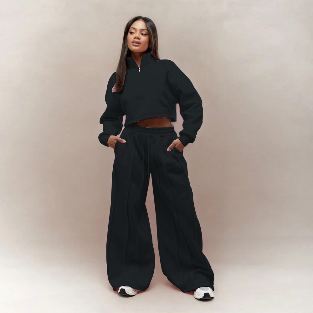 Damen Crop-Halbzip-Sweatshirt und High-Waist Wide-Leg Loungehose Set mit sichtbaren Naht-Details Shop Nory