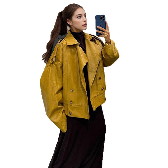 Damen Oversize Lederjacke mit voluminösen Ballonärmeln und kurzer Boxy-Silhouette Shop Nory
