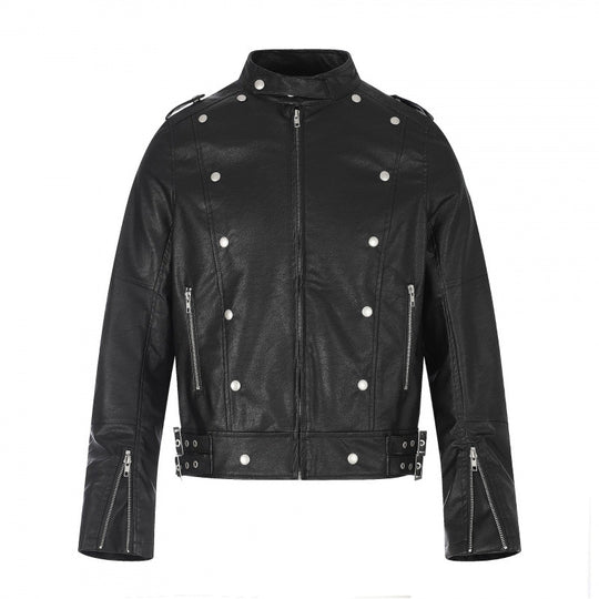 Unisex Kurz geschnittene Nieten-Lederjacke im Bikerstil mit Stehkragen, Reißverschlussärmeln und Taillenriemen Shop Nory