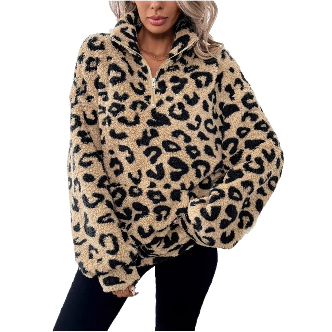 Damen Fleece-Pullover mit stylischem Leopardenmuster