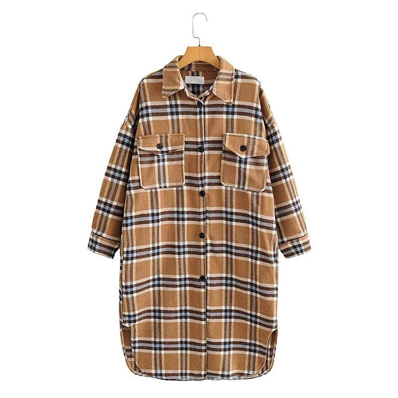 Damen Oversize Karo-Hemdjacke im Longline-Cut mit aufgesetzten Brusttaschen Shop Nory