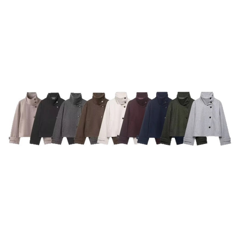 Damen Cropped Wollmix-Kurzjacke mit hohem Stehkragen, asymmetrischer Knopfleiste und Krempelmanschetten Shop Nory