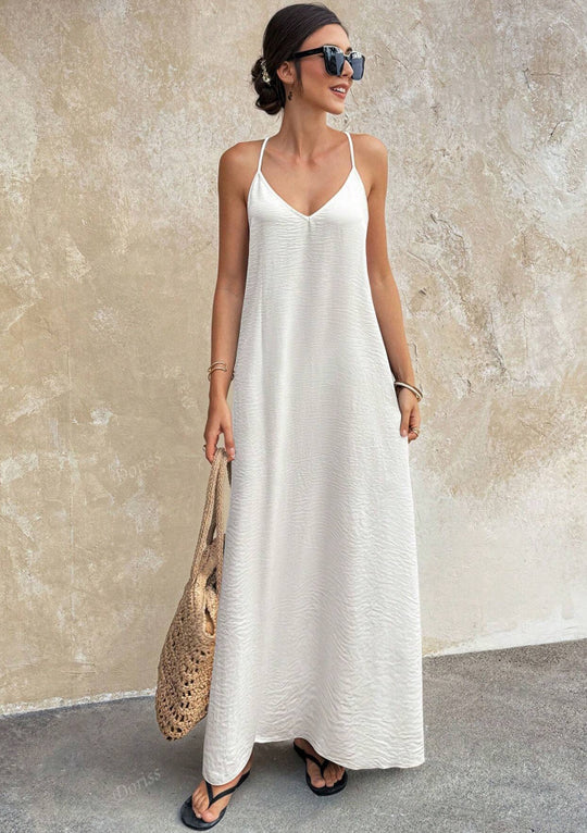 Damen Fließendes Maxikleid mit Spaghettiträgern, V-Ausschnitt und sommerlicher Leinenoptik Shop Nory