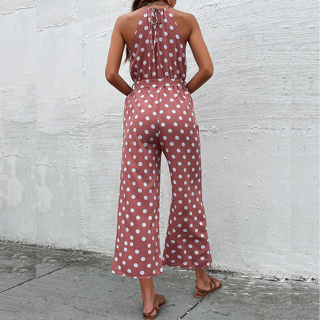 Damen eleganter Jumpsuit mit verstellbarem Bindegürtel und modischem Punkte-Design