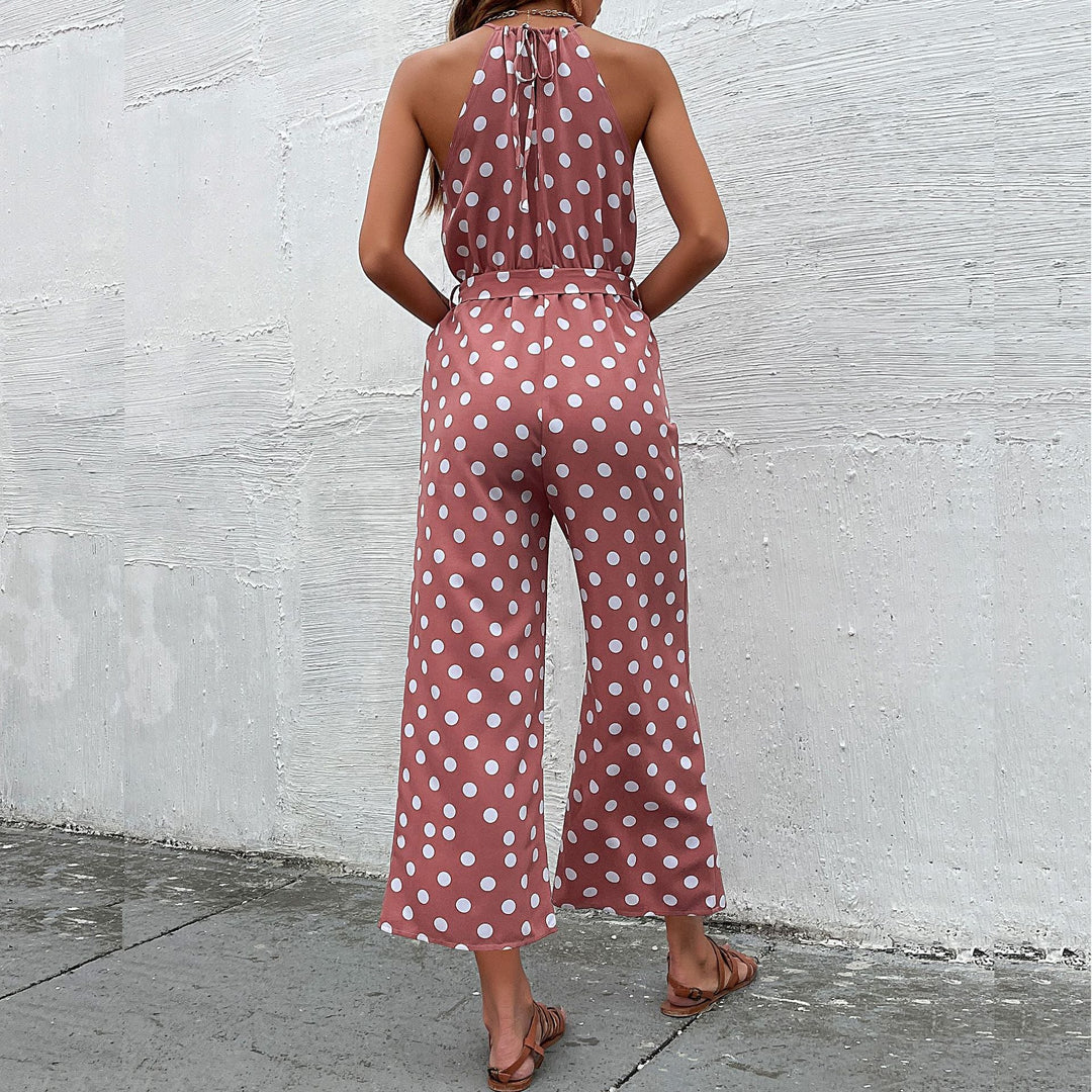 Damen eleganter Jumpsuit mit verstellbarem Bindegürtel und modischem Punkte-Design