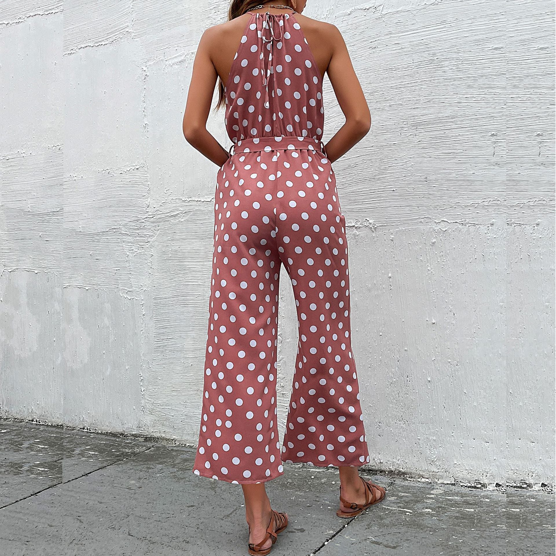 Damen eleganter Jumpsuit mit verstellbarem Bindegürtel und modischem Punkte-Design