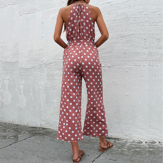 Damen eleganter Jumpsuit mit verstellbarem Bindegürtel und modischem Punkte-Design