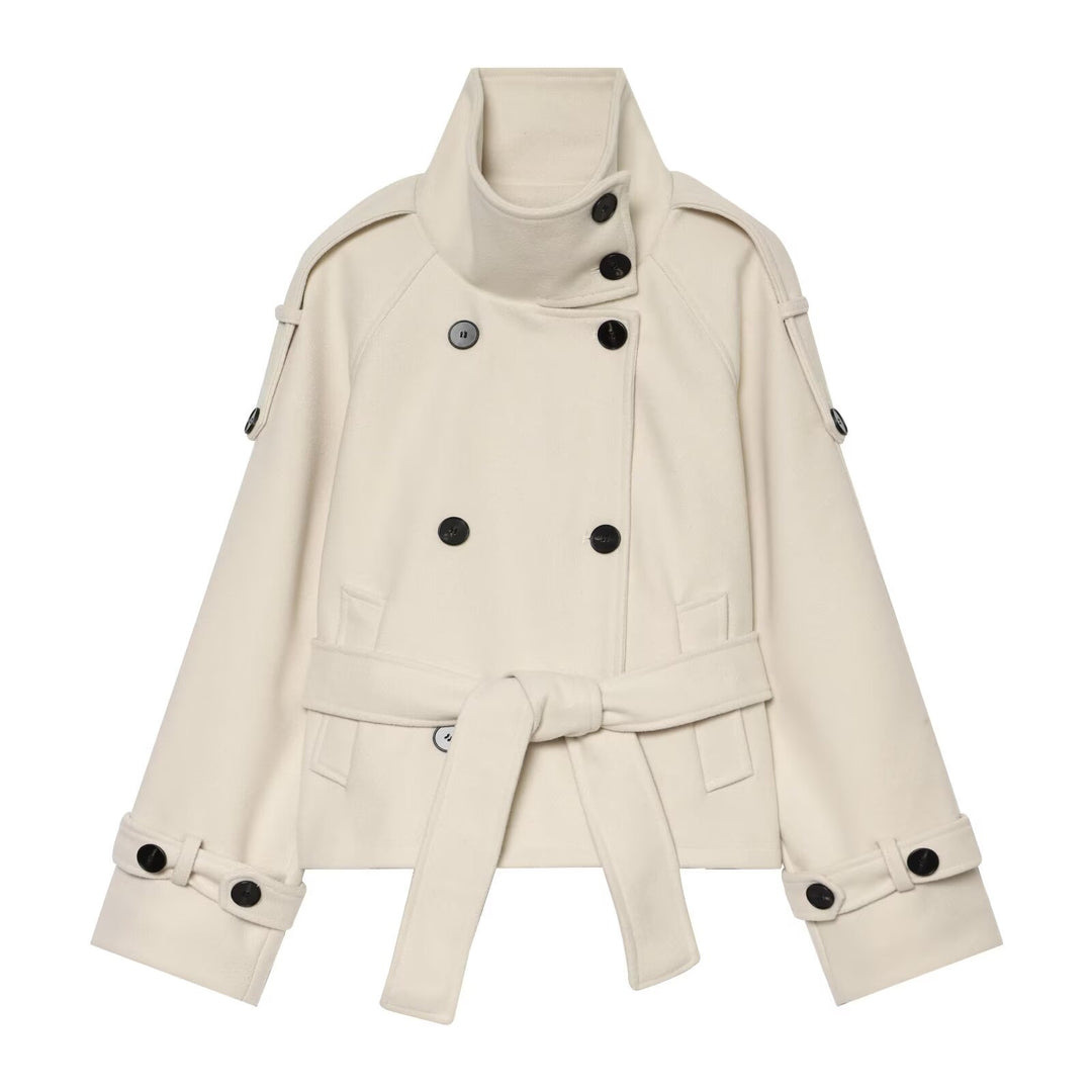 Damen Kurze Capejacke aus Wollmix mit hohem Stehkragen, Doppelreihe und Bindegürtel Shop Nory