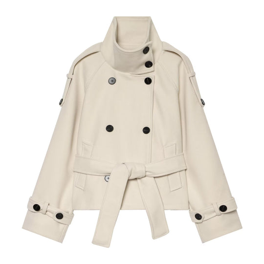 Damen Kurze Capejacke aus Wollmix mit hohem Stehkragen, Doppelreihe und Bindegürtel Shop Nory