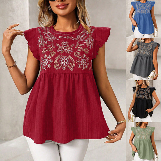 Damen Lockeres besticktes Babydoll-Top mit Rüschenärmeln Shop Nory