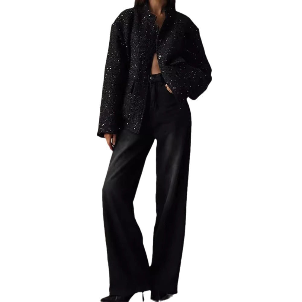 Damen Glamouröse Glitzerjacke mit oversized Schnitt und modischen Taschen