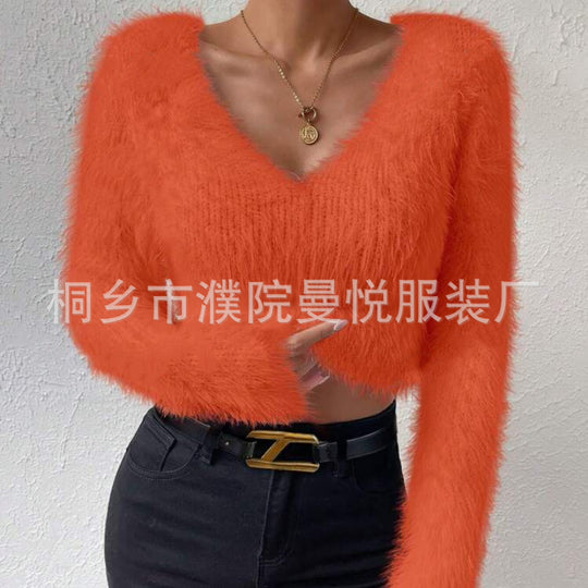 Damen Flauschiger Crop-Pullover mit V-Ausschnitt und Eyelash-Struktur Shop Nory