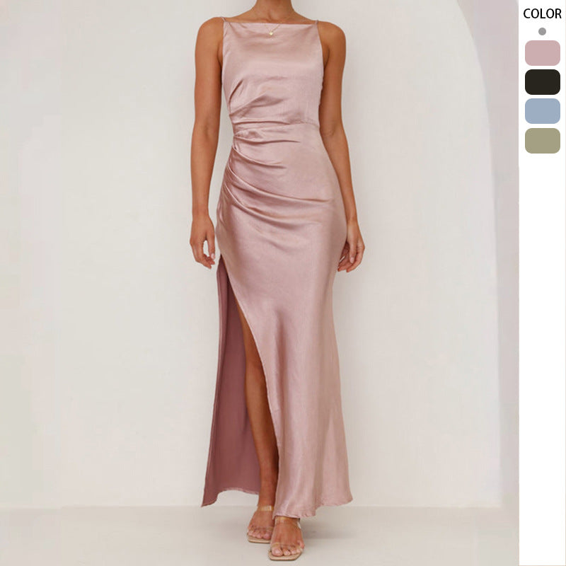Damen Elegantes Satin-Maxikleid mit seitlichem Schlitz und schmalen Spaghettiträgern Shopnory