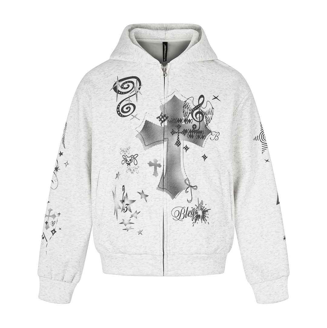 Unisex Bedruckte Kapuzen‑Zipjacke im lässigen Boxy‑Cut mit durchgehendem Reißverschluss Shop Nory