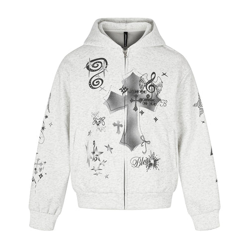 Unisex Bedruckte Kapuzen‑Zipjacke im lässigen Boxy‑Cut mit durchgehendem Reißverschluss Shop Nory