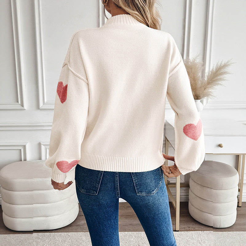 Damen Kuscheliger Strickpullover mit Herzjacquard und Stehkragen Shop Nory