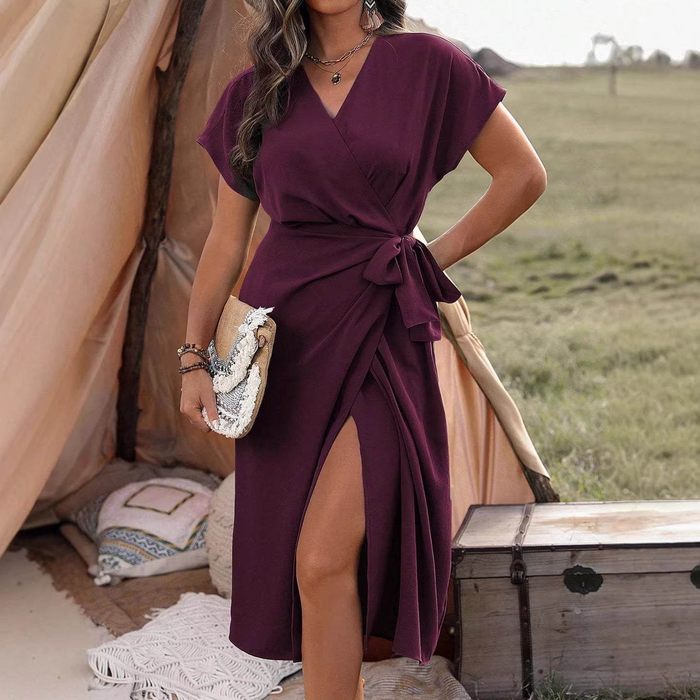 Damen Wickelkleid mit hohem Schlitz und elegantem V-Ausschnitt Shopnory