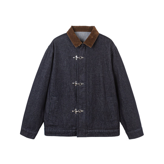 Unisex Boxy-Jeansblouson mit Velourskragen und markanten Karabinerverschlüssen Shop Nory