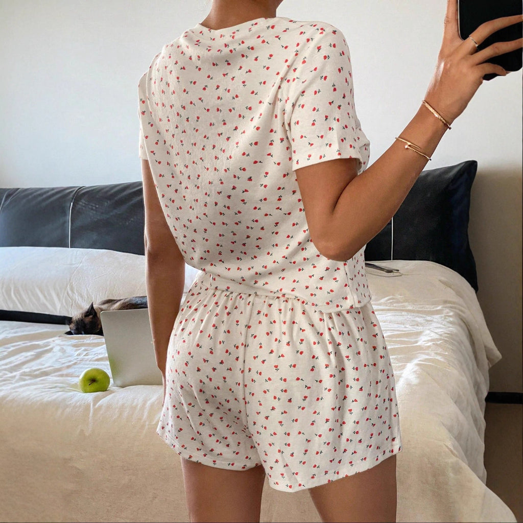 Damen lässiges Schlafanzugset aus atmungsaktivem Baumwollstoff mit zartem Blumendruck Shopnory