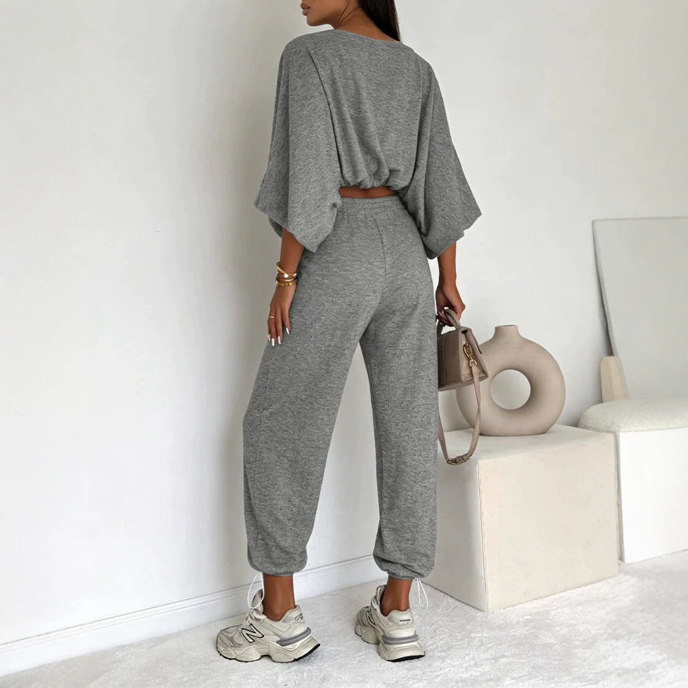 Damen Lässiges Strick-Lounge-Set mit Fledermausärmeln und High-Waist-Joggpants Shop Nory