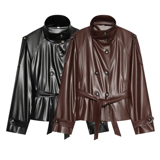Damen Cropped Kunstlederblouson mit Hochkragen, doppelter Knopfleiste und Bindegürtel Shop Nory