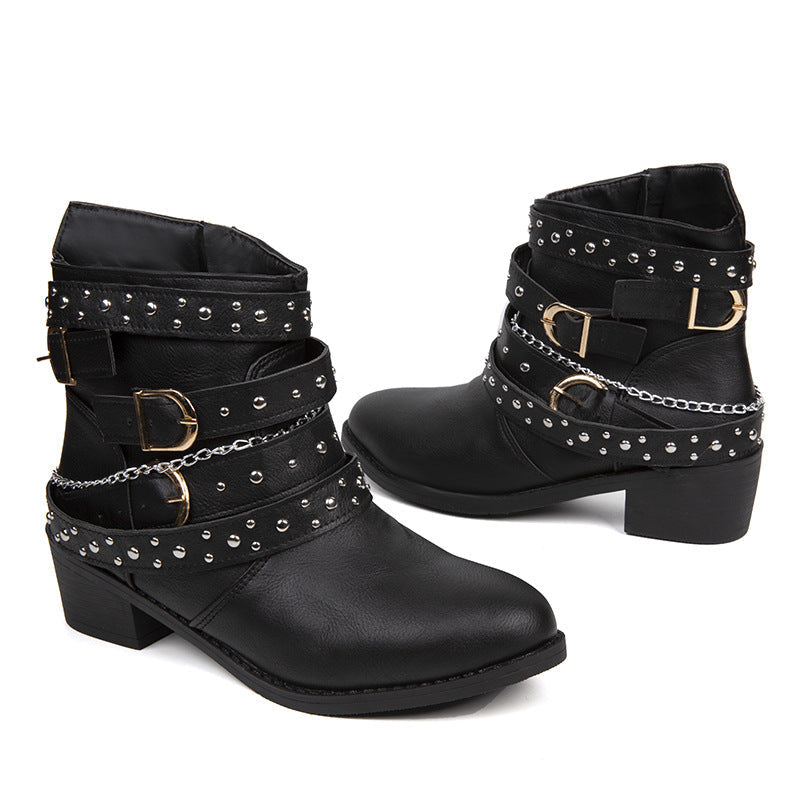 Damen Stiefeletten mit modischen Schnallen und dekorativen Nieten