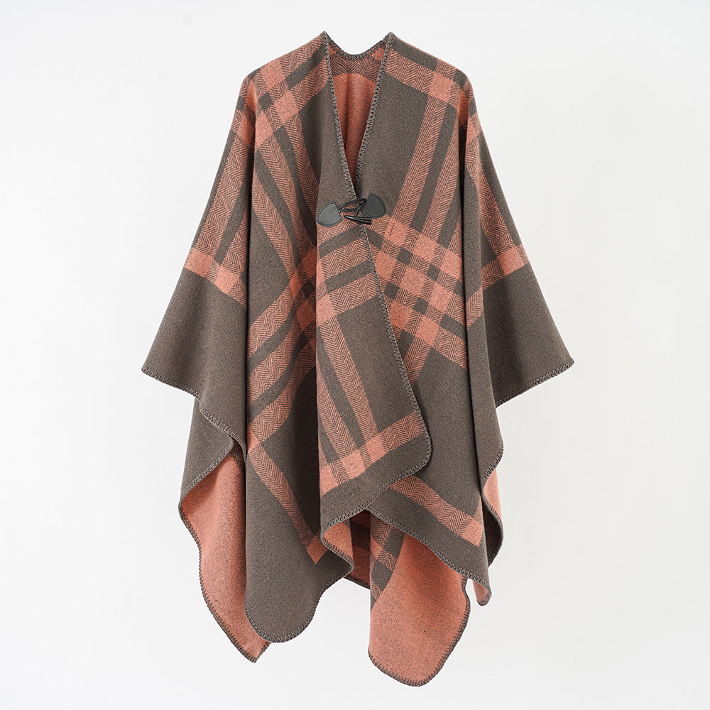 Damen Reversibler Wollmix-Poncho mit Knebelverschluss und Karomuster Shop Nory