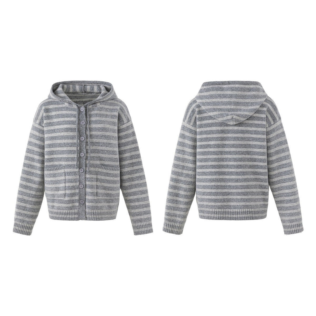 Damen Gestreifte Strickjacke mit Kapuze, durchgehender Knopfleiste und aufgesetzten Taschen Shop Nory
