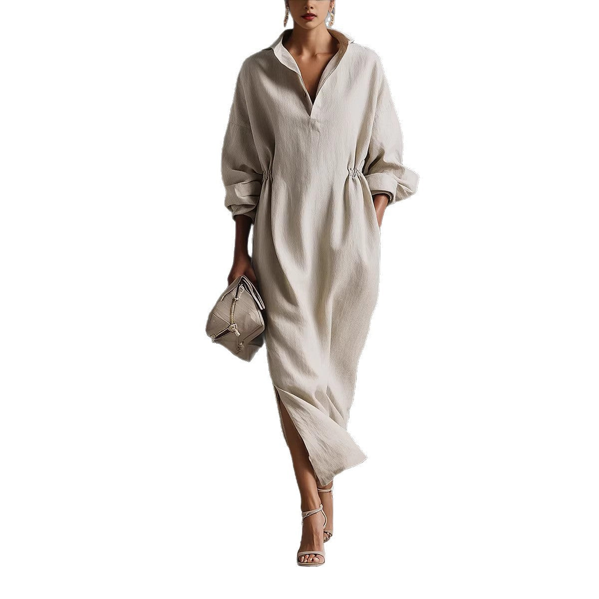 Damen stilvolles Midikleid mit Bindegürtel und klassischem Kragen