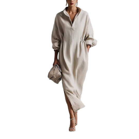 Damen stilvolles Midikleid mit Bindegürtel und klassischem Kragen