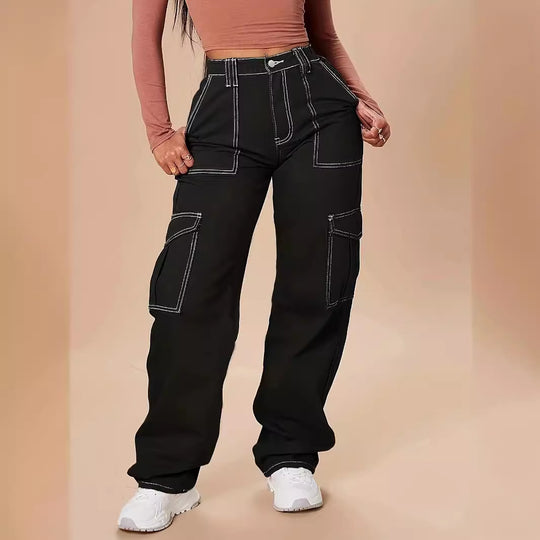 Damen Utility-Cargo-Hose mit weitem Bein, hoher Taille und kontrastierenden Ziernähten Shop Nory