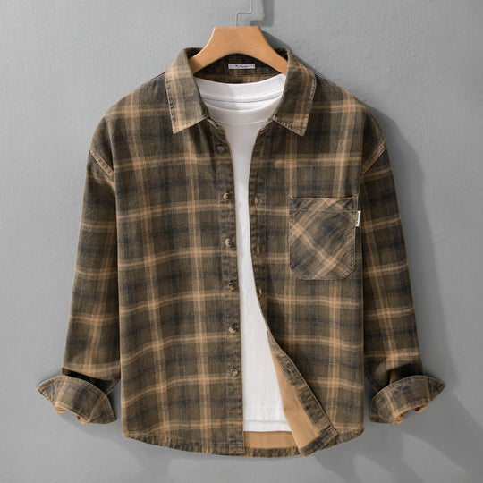 Herren Karo-Relaxed-Overshirt aus gebürstetem Baumwollmix mit Brusttasche und durchgehender Knopfleiste Shop Nory